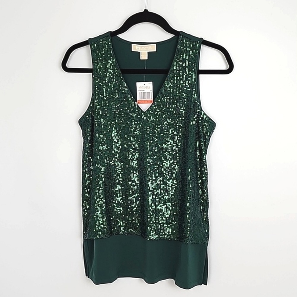 NWT Michael Kors Women's Sequin V-Neck Sleeveless Top Emerald Green XS - Picture 4 of 12